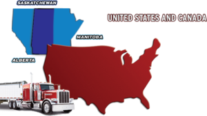Map showing we do trucking loads in US, Canada, Saskatchewan, Alberta and Manitoba