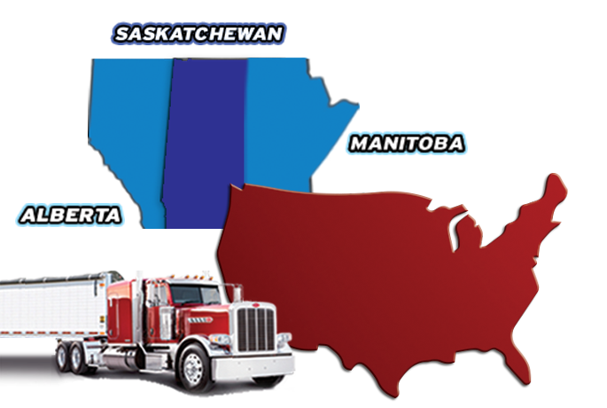 Map showing we do trucking loads in US, Canada, Saskatchewan, Alberta and Manitoba